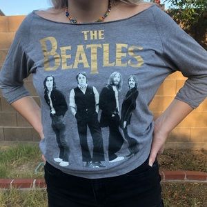 off the shoulder grey beatles shirt w gold letters